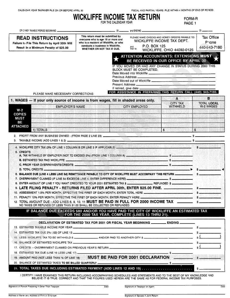 Form R Wickliffe Tax Return Form For The Calendar Year printable pdf download