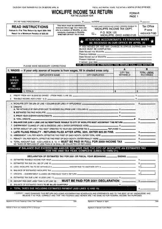 Form R Wickliffe Tax Return Form For The Calendar Year