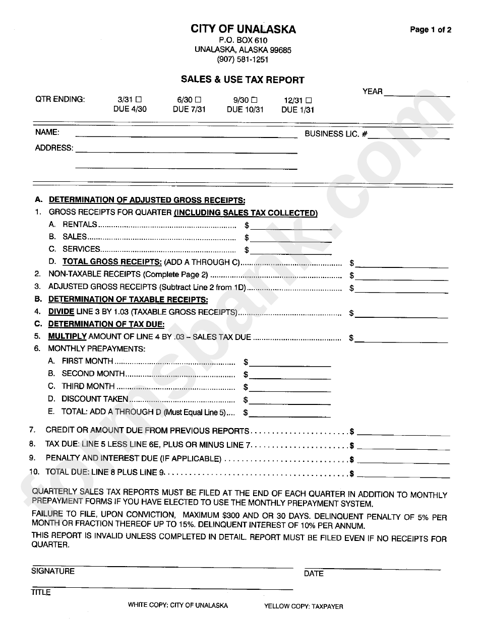 Sales And Use Tax Report Form City Of Unalaska printable pdf download
