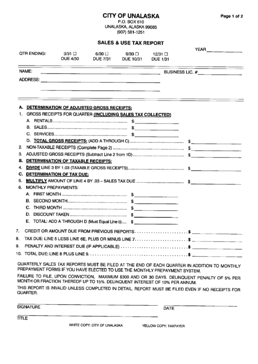 Sales And Use Tax Report Form City Of Unalaska printable pdf download