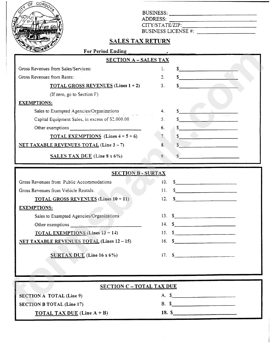 Sales Tax Return Form City Of Cordova printable pdf download