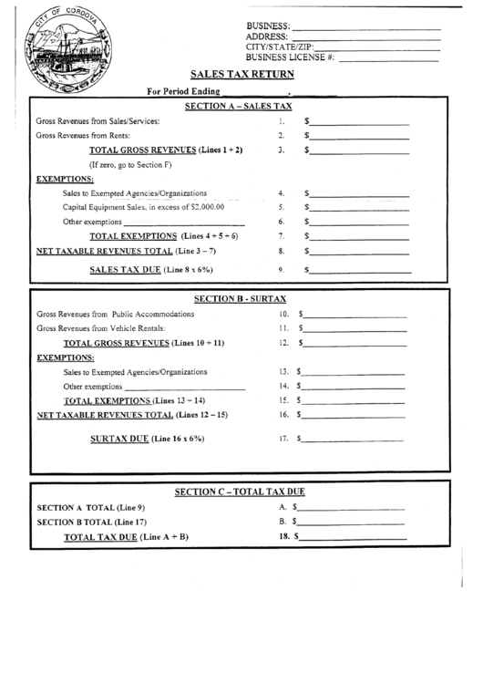 Sales Tax Return Form City Of Cordova printable pdf download
