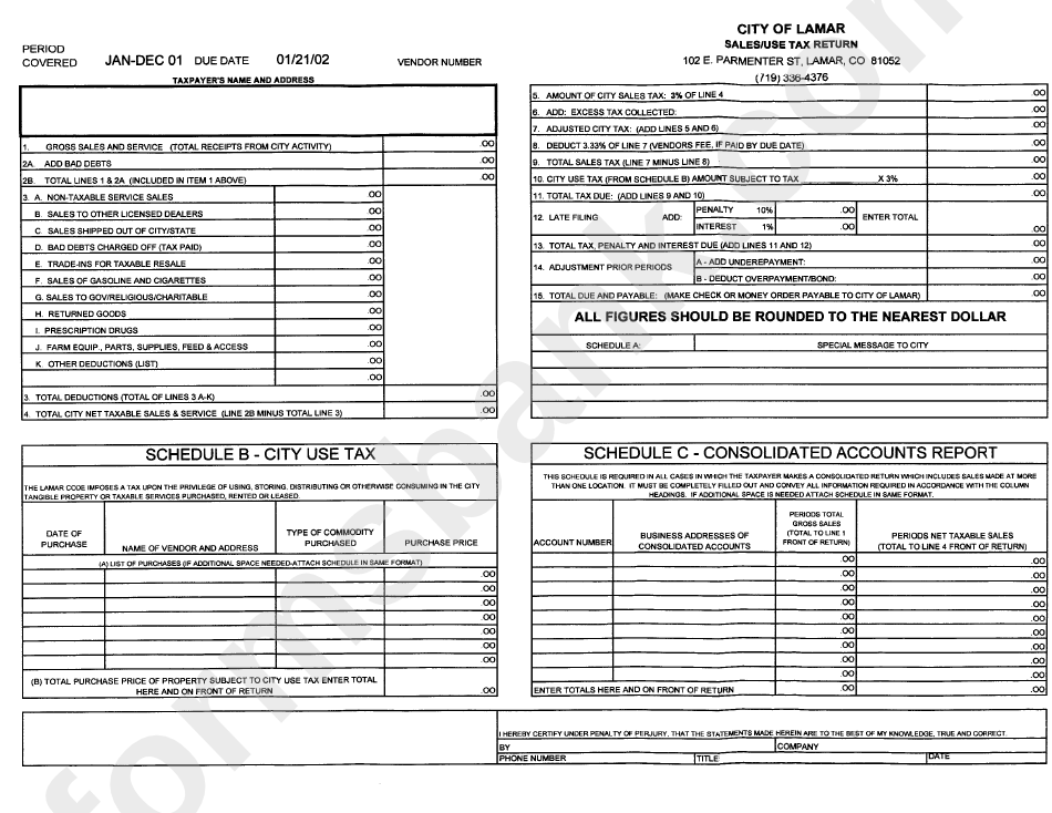 Sales / Use Tax Return Form City Of Lamar printable pdf download