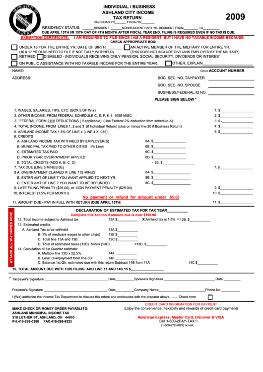 Individual/business Tax Return Ashland Municipal Tax