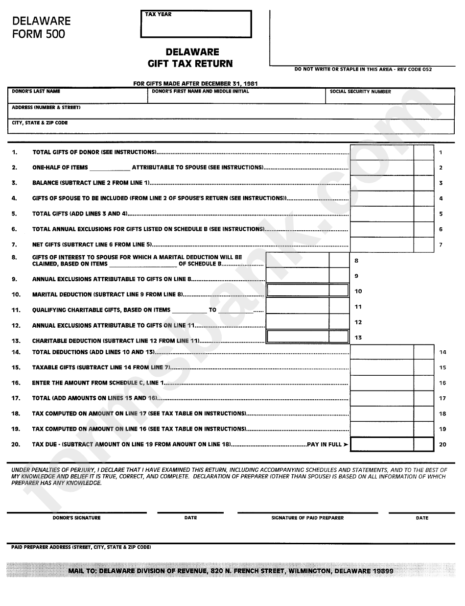 Fillable Form 500 Delaware Gift Tax Return printable pdf download