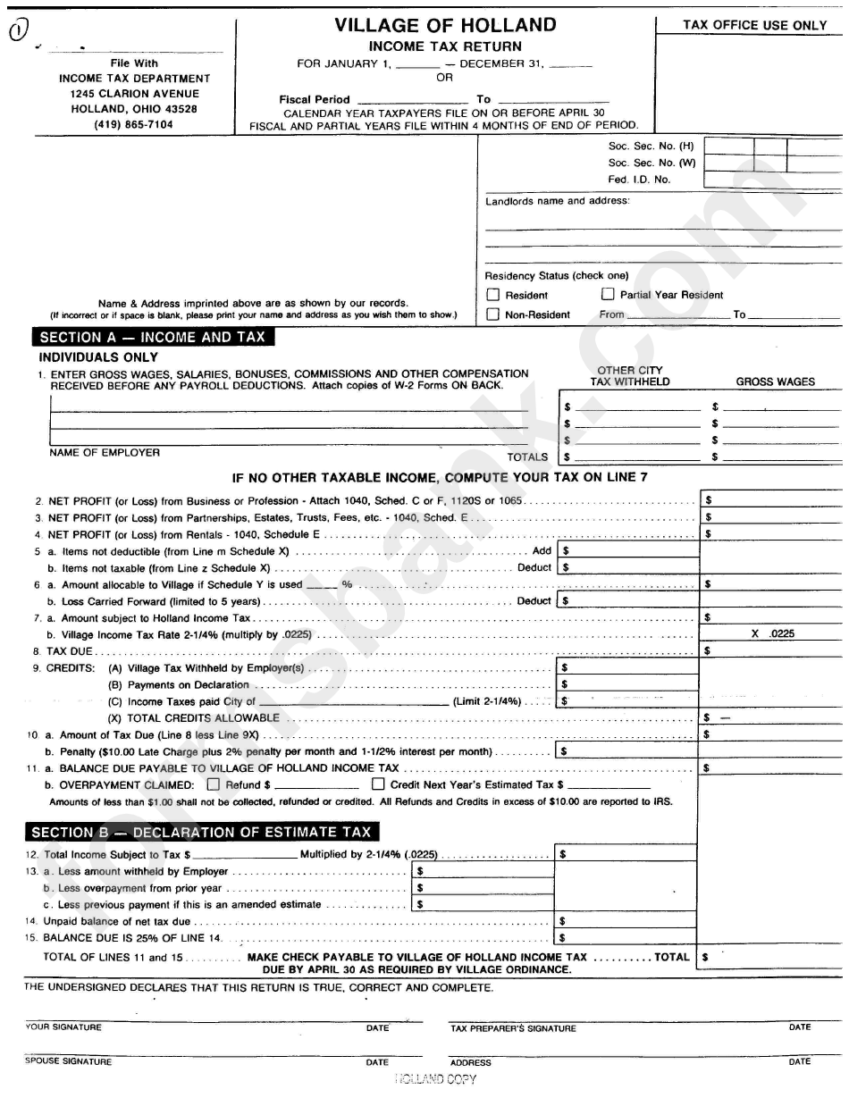 City Tax Return Form printable pdf download