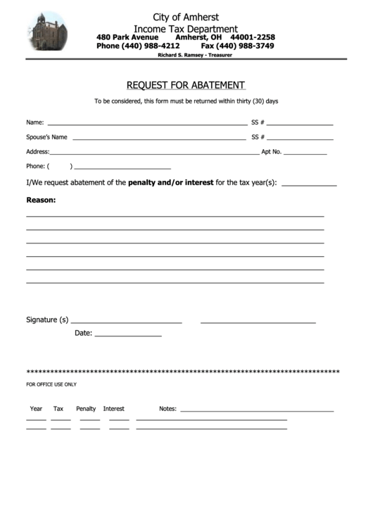 Request For Abatement Form City Of Amherst Tax Department