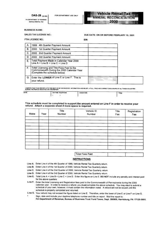 Form Das28 2000 Vehicle Rental Tax Annual Reconciliation Pennsylvania Department Of Revenue