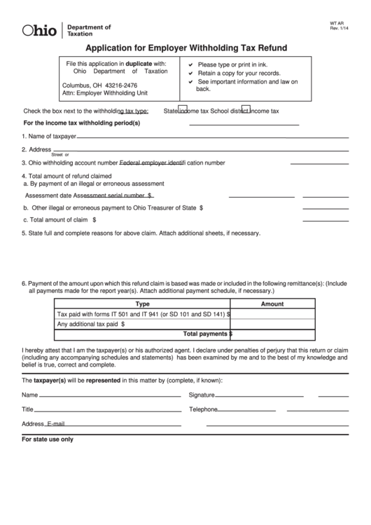 Fillable Form Wt Ar Application For Employer Withholding Tax Refund
