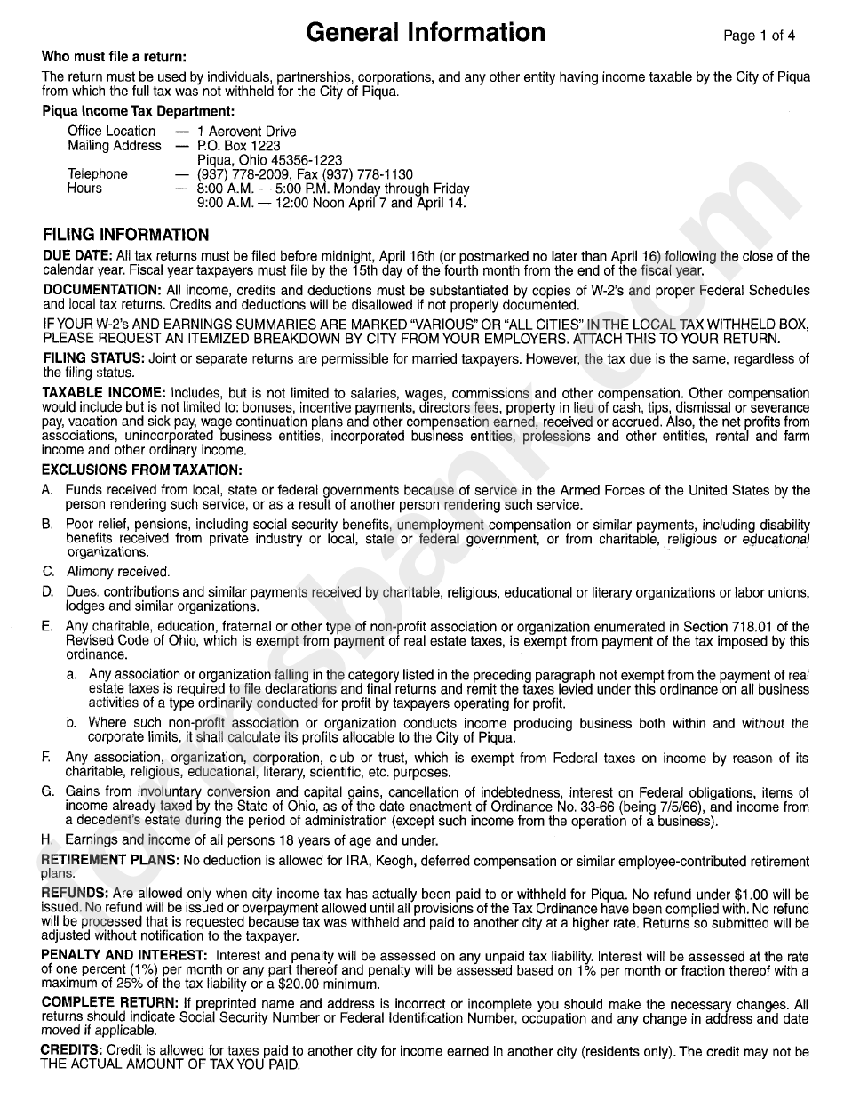 Extension Form City Of Piqua Tax Department printable pdf