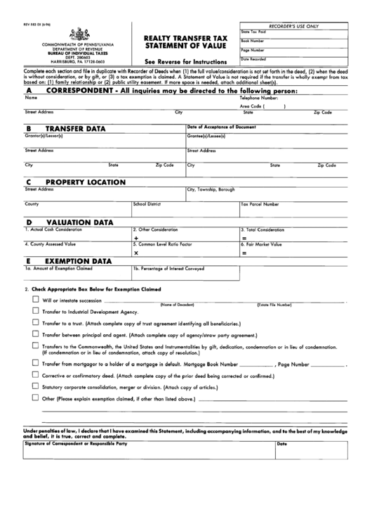Form Rev183 Ex Realty Transfer Tax Form Statement Of Value