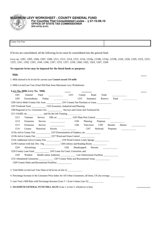 Form Sfn 24753 Maximum Levy Worksheet County General Fund Form