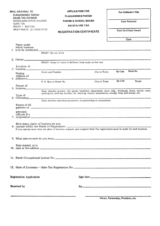 Application For Sales & Use Tax Registration Certificate Template