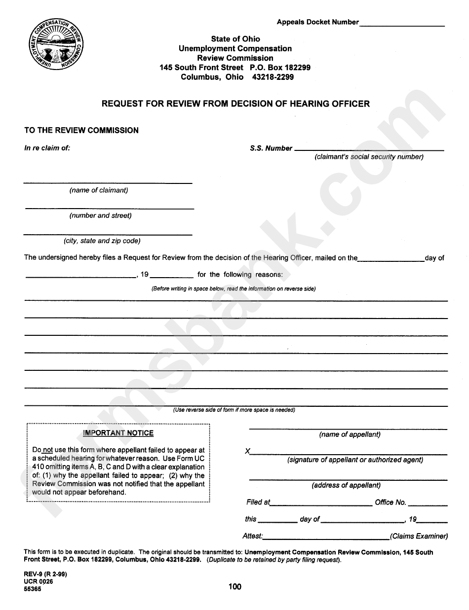 Request For Review From Decision Of Hearing Officer Form 1999