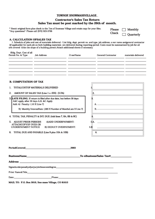 Contractor'S Sales Tax Return Form Town Of Snowmass Village, Colorado printable pdf download