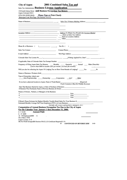 2001 Combined Sales Tax And Business License Application City Of Aspen printable pdf download