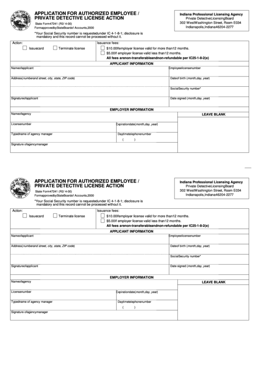 Fillable State Form 47241 Application For Authorized Employee / Private Detective License