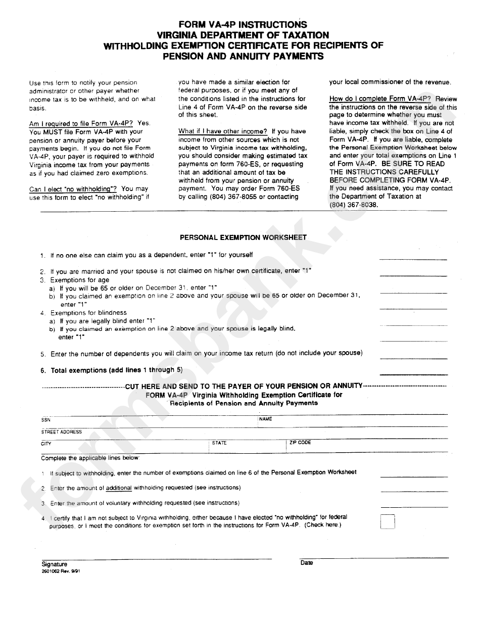 Form Va 4p Instructions Virginia Departnebt Of Taxation Withholding Exemption Certificate