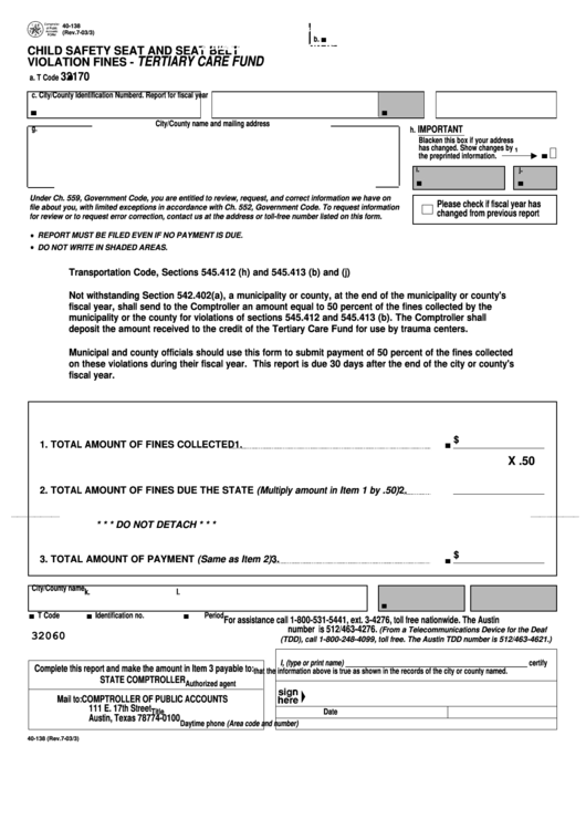 Fillable Form 40138 Child Safety Seat And Seat Belt Violation Fines