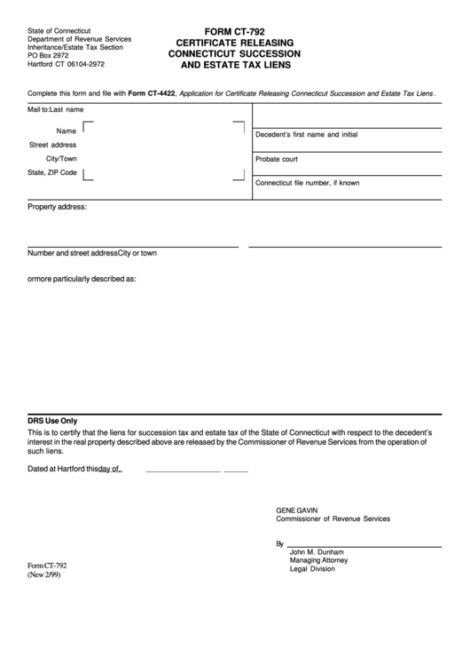 Form Ct792 Certificate Releasing Connecticut Succession And Estate Tax Liens printable pdf