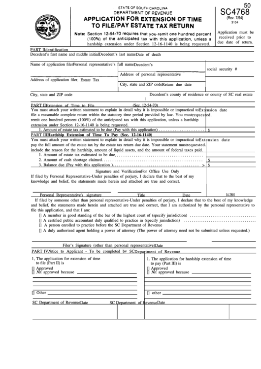 Fillable Form Sc4768 Application For Extension Of Time To File/pay