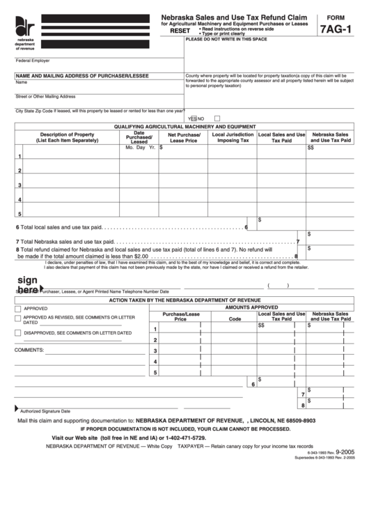 Fillable Form 7ag1 Nebraska Sales And Use Tax Refund Claim printable