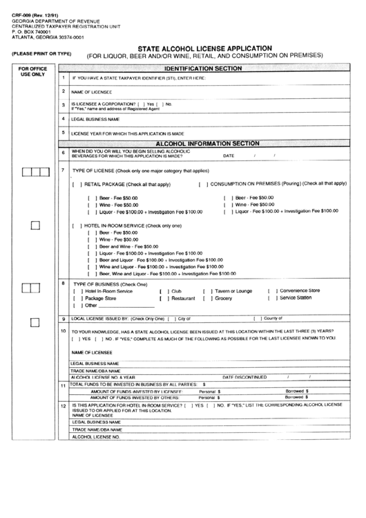 State Alcohol License Application Form 1991 printable pdf download