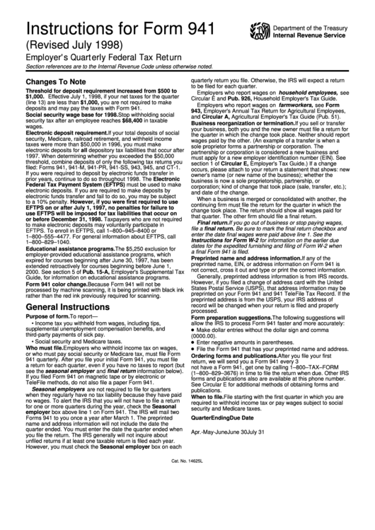 Instructions For Form 941 Employer'S Quarterly Federal Tax Return