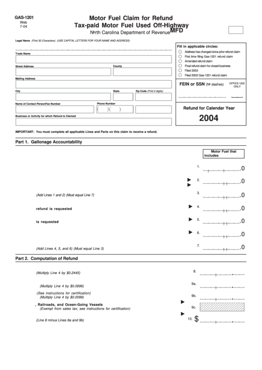 Form Gas1201c Motor Fuel Claim For Refund TaxPaid Motor Fuel Used