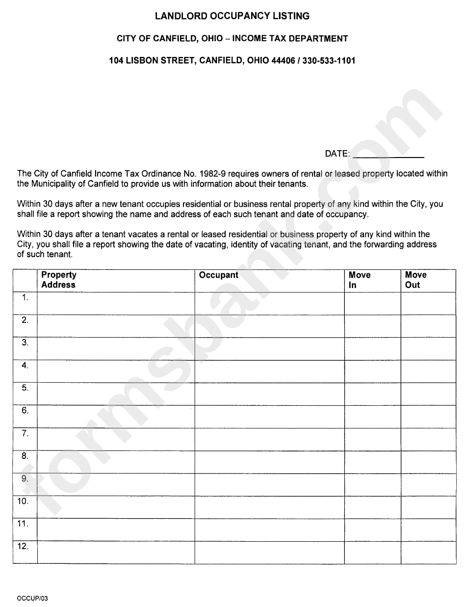 Landlord Occupancy Listing Template City Of Canfield, Ohio