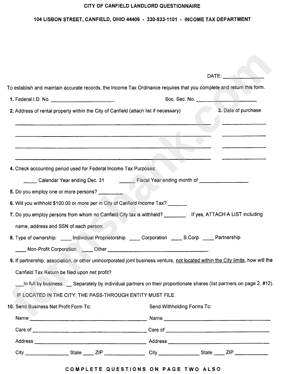 City Of Canfield Landlord Questionnaire Template Ohio Tax