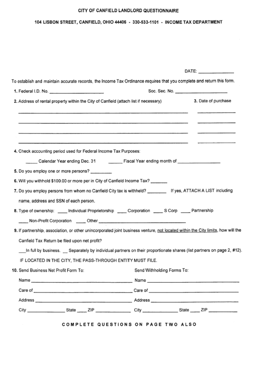 City Of Canfield Landlord Questionnaire Template Ohio Tax