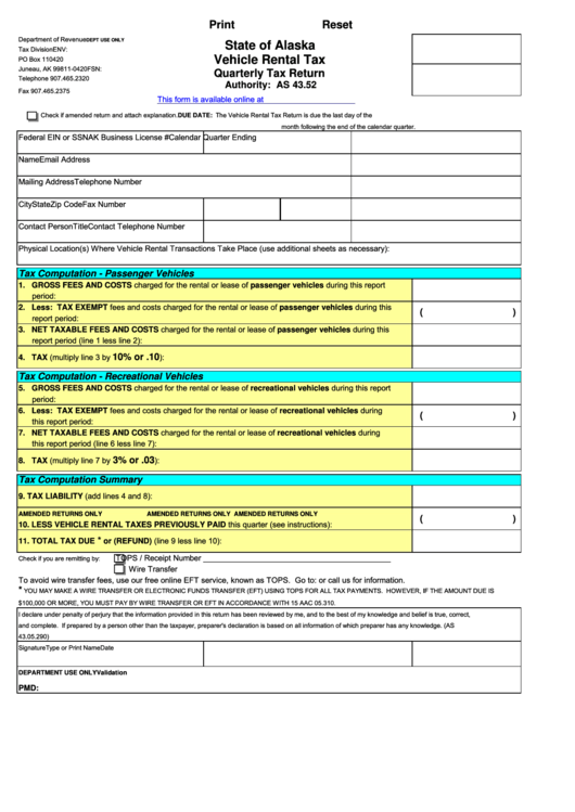 Fillable Vehicle Rental Tax Quarterly Tax Return Alaska Department Of