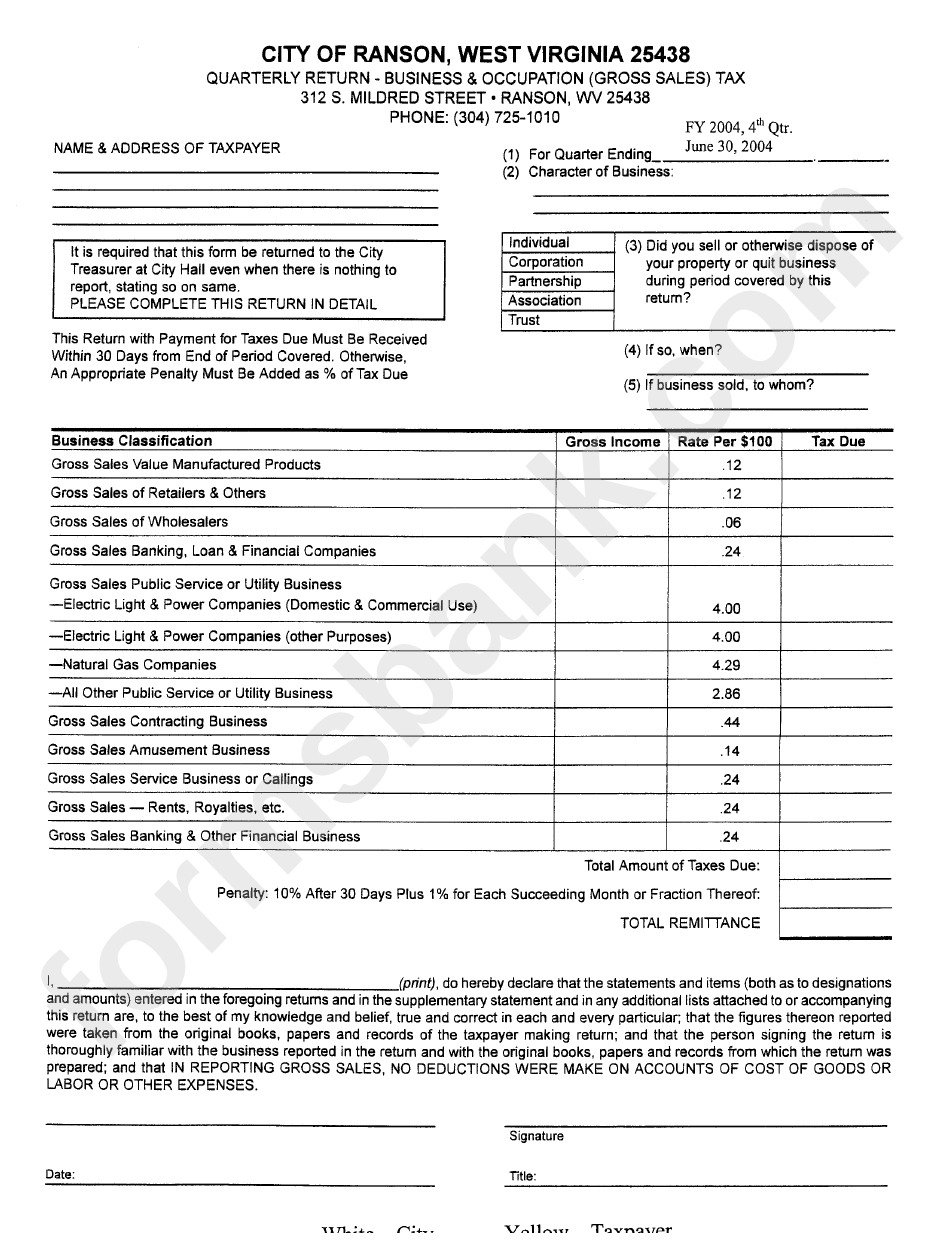 Quarterly Return Business And Occupation Tax City Of Ranson, West