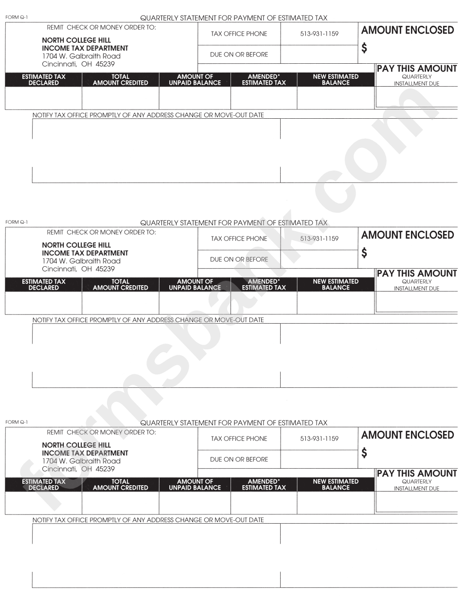 Form Q1 Quarterly Statement For Payment Of Estimated Tax North