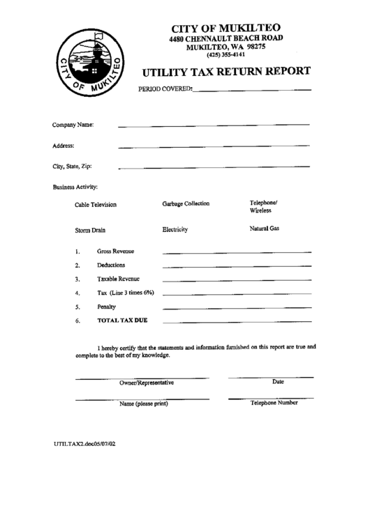 Utility Tax Return Peport Form City Of Mukilteo printable pdf download