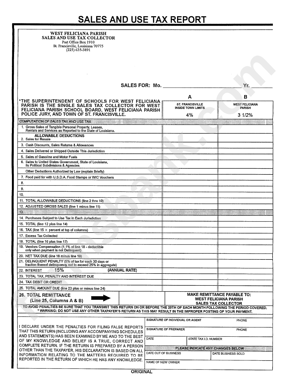 Sales And Use Tax Report Form West Feliciana Parish printable pdf