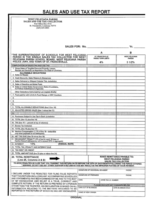 Sales And Use Tax Report Form West Feliciana Parish printable pdf