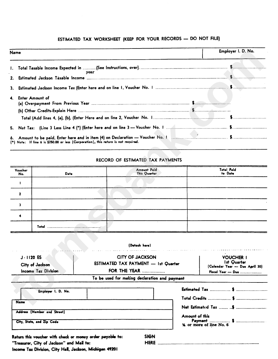 Estimated Tax Worksheet City Of Jackson printable pdf download