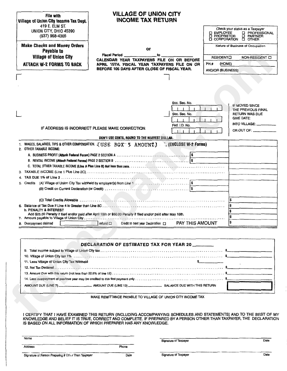 Tax Return Form Village Of Union City printable pdf download