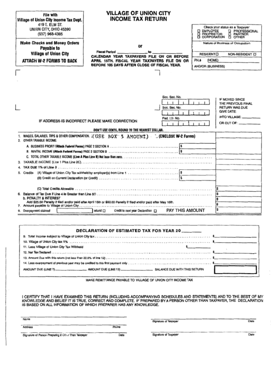 Tax Return Form Village Of Union City printable pdf download