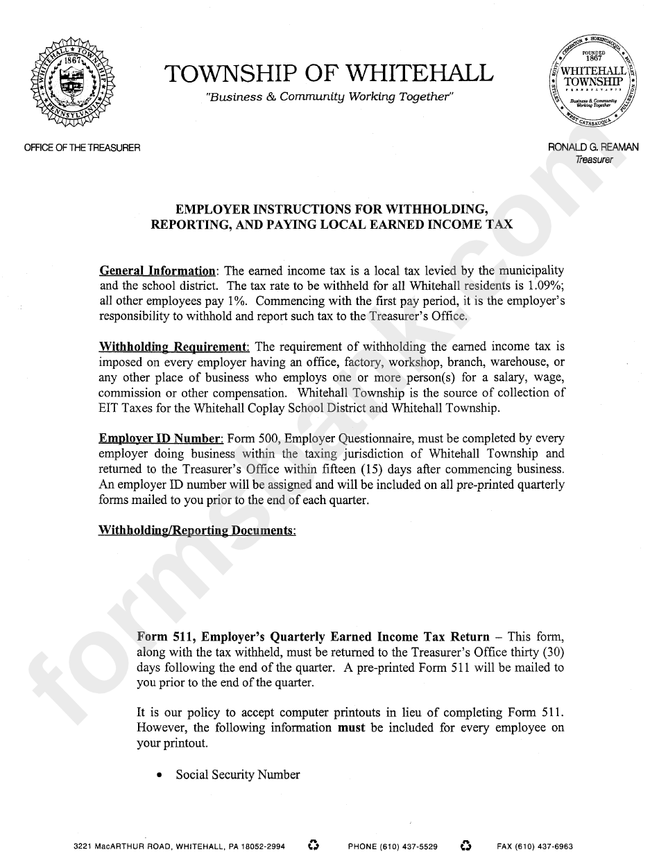 Employer Imstructions For Withholding. Reporting. And Paying Local