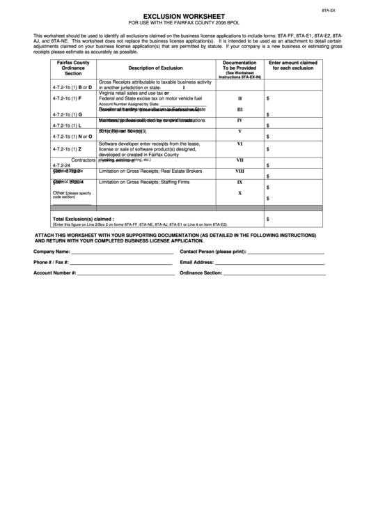Form 8taEx Exclusion Worksheet For Use With The Fairfax
