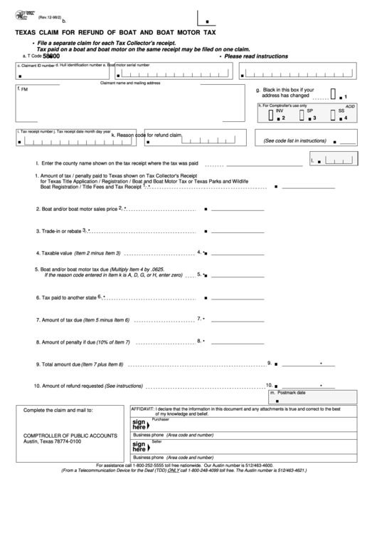 Fillable Form 57200 Claim For Refund Of Boat And Boat Motor Tax