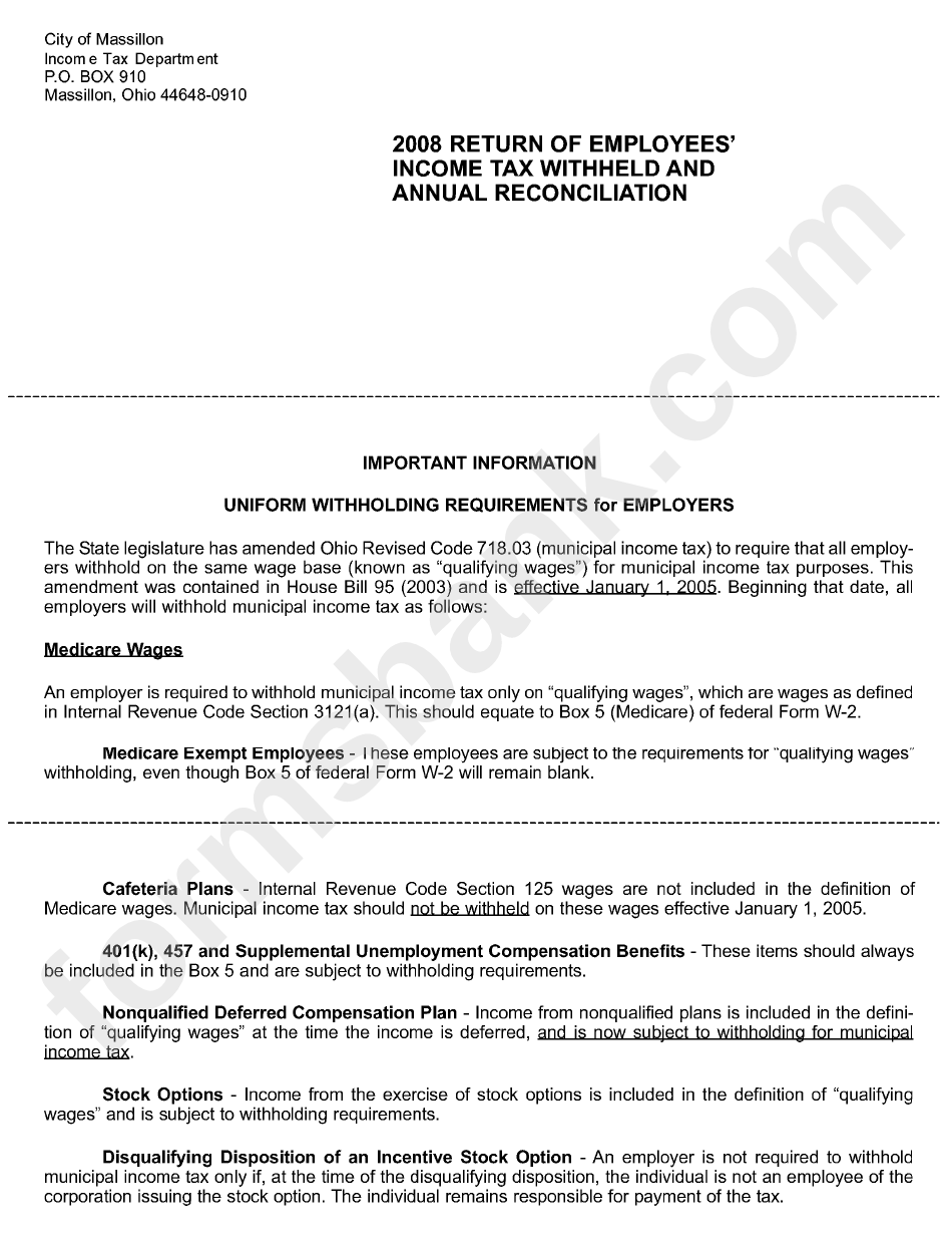 Reconciliation Of City Tax Withheld And Transmittal Of W2 Form