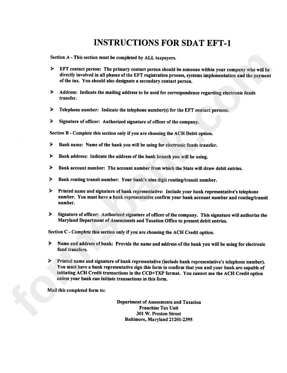 Instructions For Sdat Eft1 Form printable pdf download