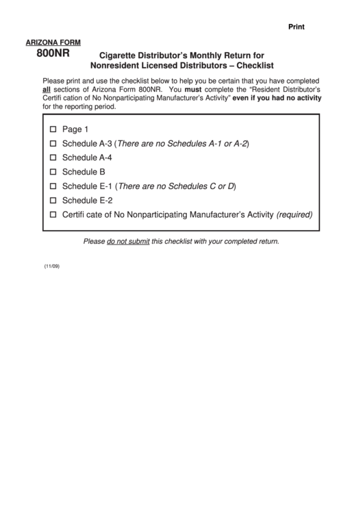Fillable Az Form 800nr Cigarette Distributor'S Monthly Return For Nonresident Licensed