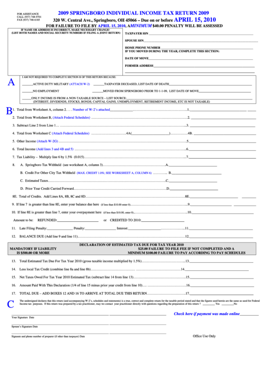 Springboro Individual Tax Return 2009 printable pdf download