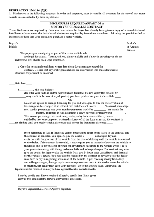 Regulation 126104 Disclosures Required As Part Of A Motor Vehicles
