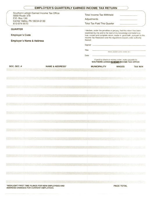 Employers Quarterly Earned Tax Return Form printable pdf download